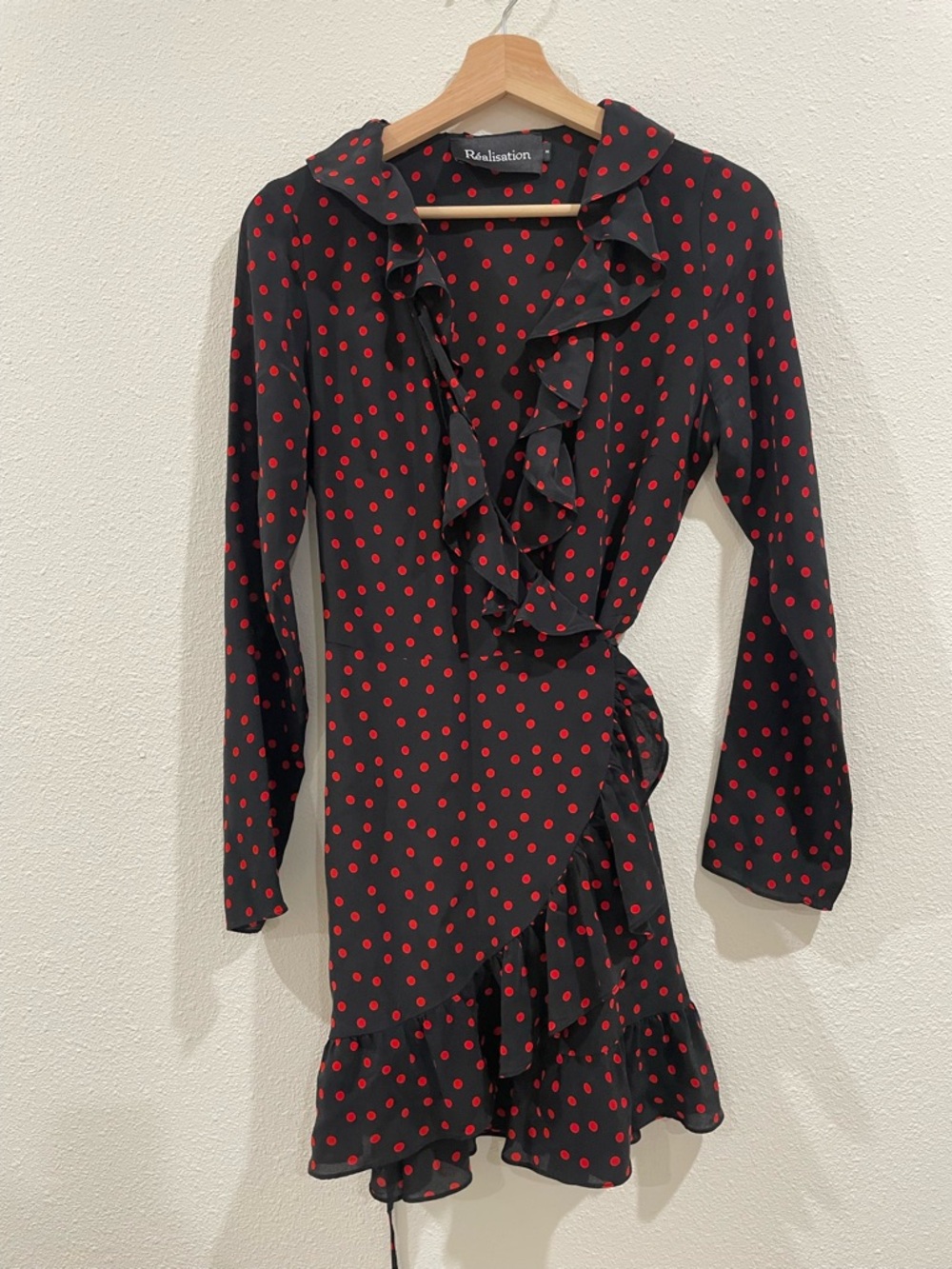 Realisation Par Alexandra Black Mini Wrap Dress Red Polka Dots Medium 100% Silk - Picture 8 of 14